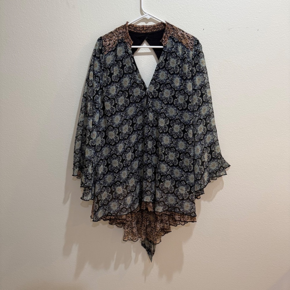 Free People Womens gabi tunic Floral High Low Open Back Ruffle Blouse Size M